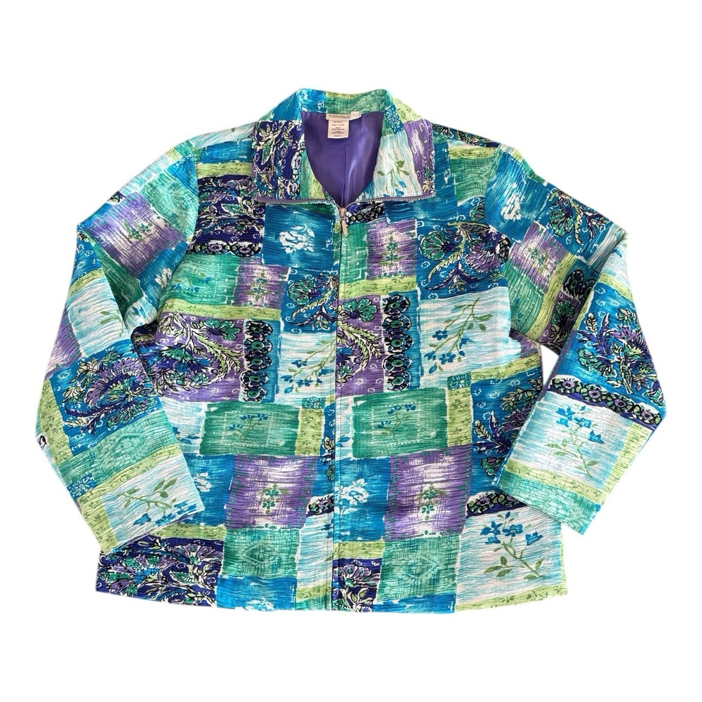 Coldwater Creek Floral Multicolor Zip Up Jacket Size PETITE‎ LARGE Green Blue